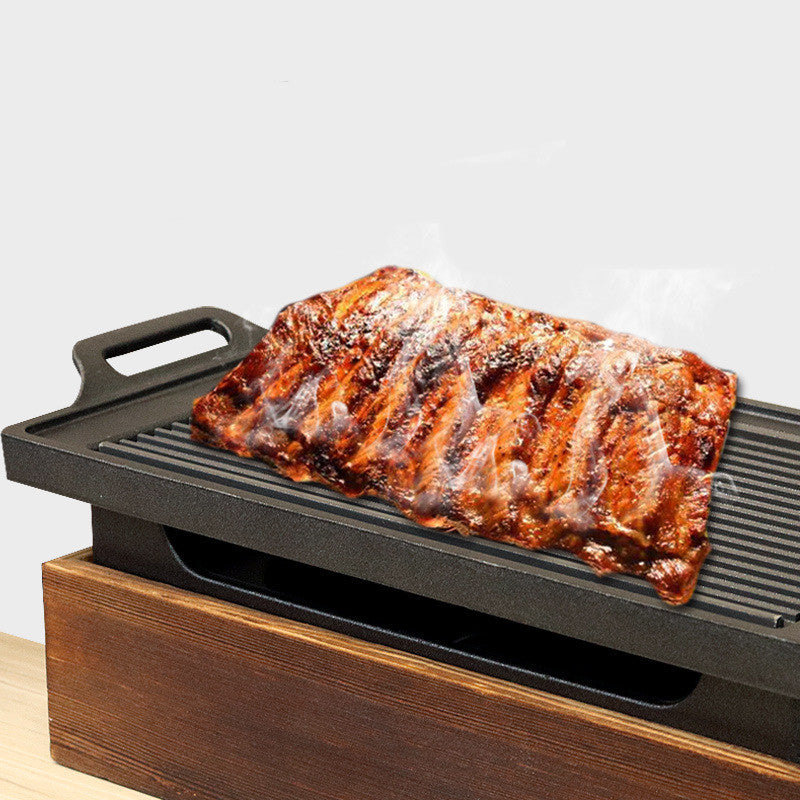 Korean-Style Wooden Handle Smokeless Grill Pan