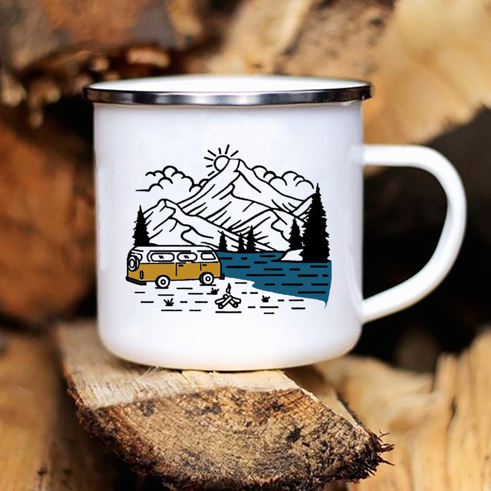 Printed Enamel Camping Mug Caravan Design